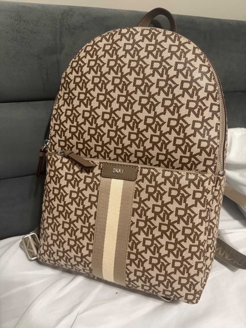 DKNY Brown Monogram Backpack with Cream Center Stripe